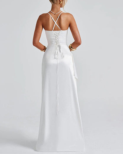 ' Satin Back Tie, Pleated Hem, Slit High Low Waist Long Skirt