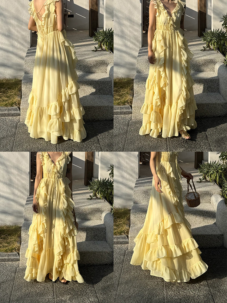 Sunset Ruffle Asymmetrical Maxi Dress _ Romantic Flowy Vacation Look Gunne Sax Dress