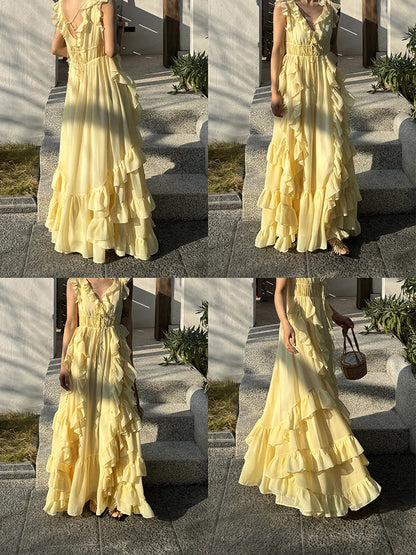 Sunset Ruffle Asymmetrical Maxi Dress _ Romantic Flowy Vacation Look Gunne Sax Dress