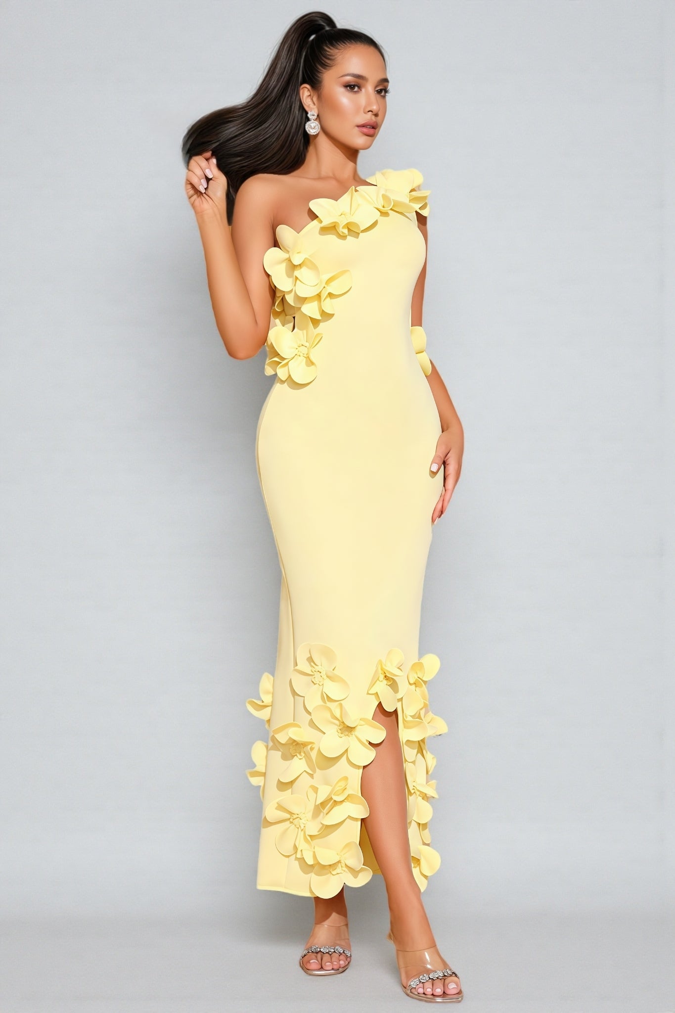Zalia Yellow One-shoulder 3d Maxi Dress