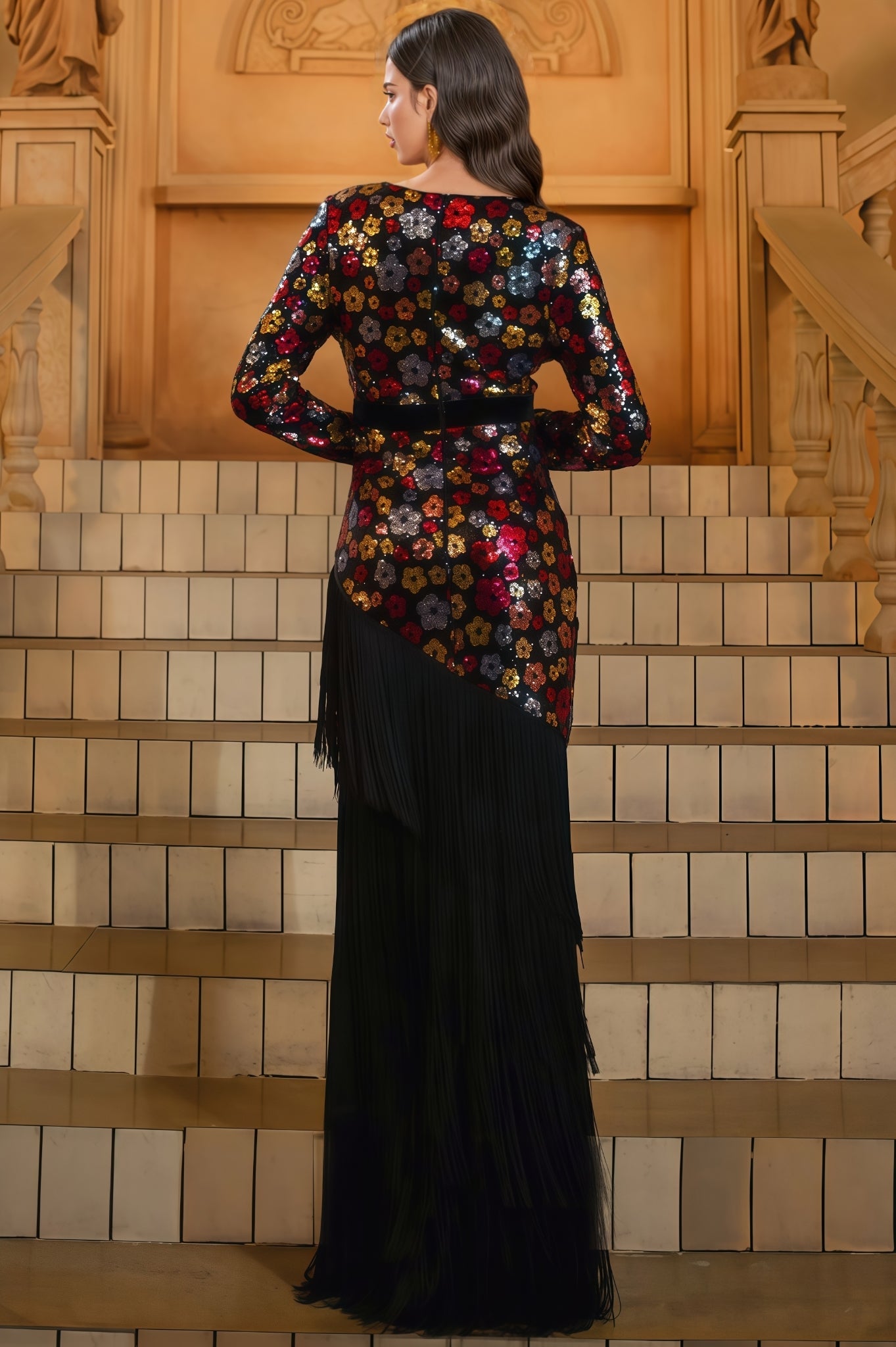 Faelan V-neck Fringe Sequin Maxi Dress