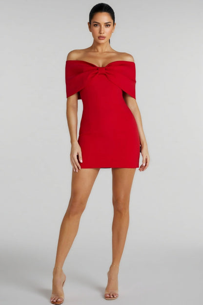Lavinia Off Shoulder Bow Mini Dress - Red