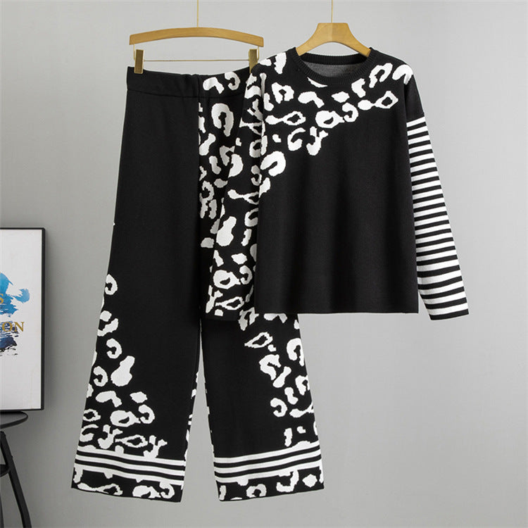 Black - Loose Leopard Print Sweater Two Piece Set