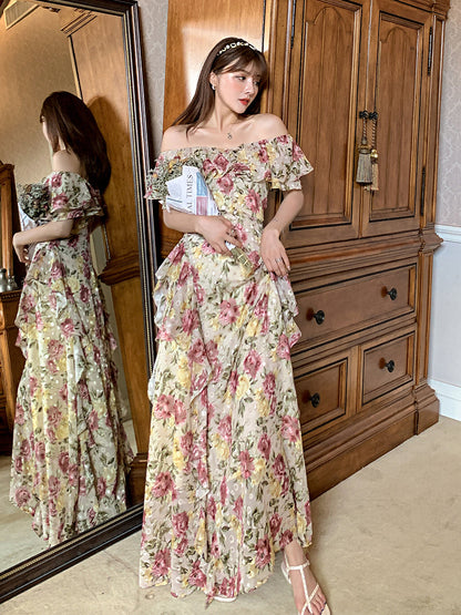 French Court-style Maxi Dress _ Ruffled Off-shoulder Chiffon Dream Gunne Sax Dress