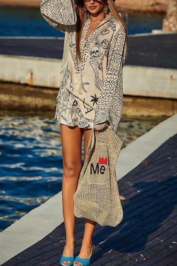 ' Wealthy Satin Unique Printed Tassel Shirt and Elastic Waist Shorts Set