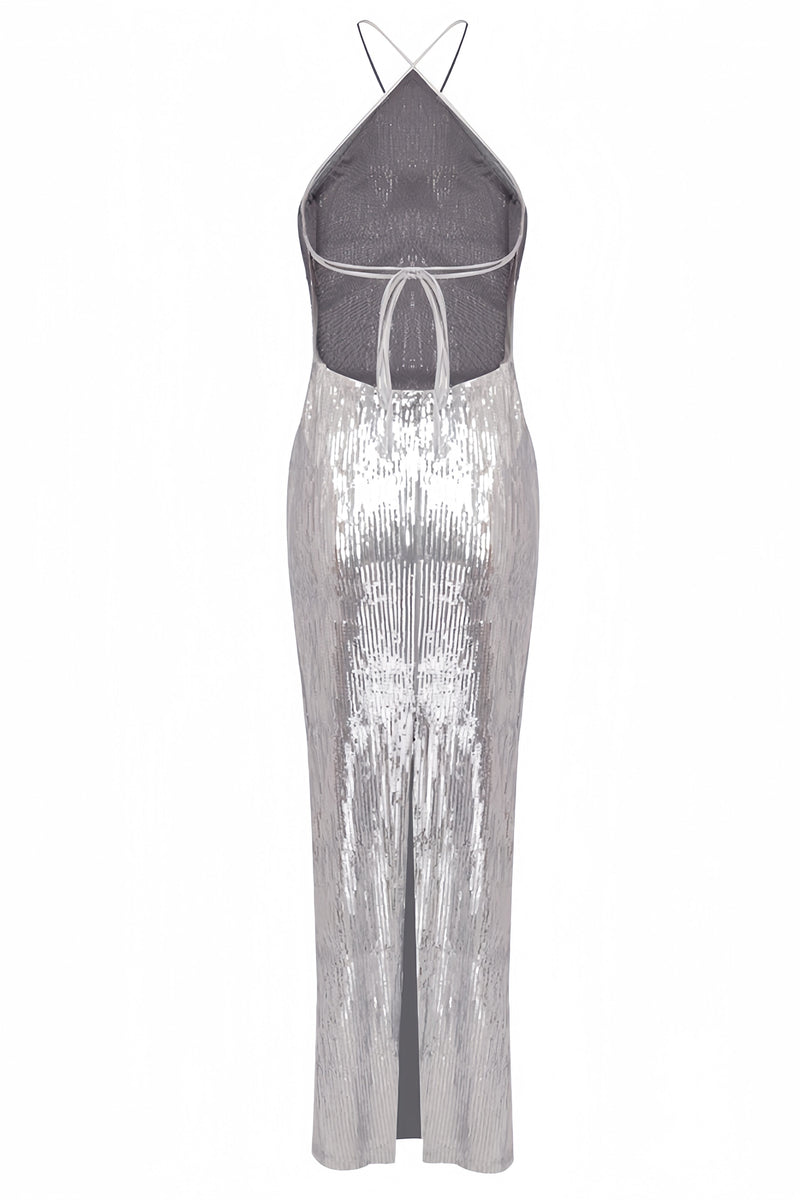 Soraya Silver Sequin 3d Maxi Dress