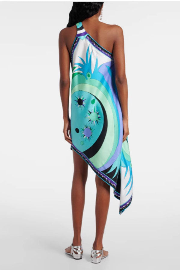 Naughty Lady Satin Unique Print One Shoulder Irregular Hem Vacation Midi Dress