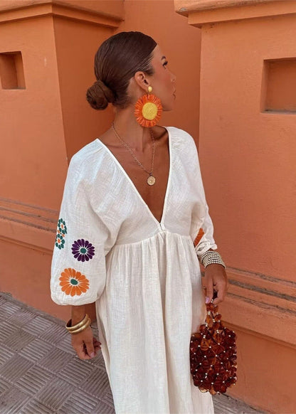 Solana Embroidered Maxi Dress – Open-back With Balloon Sleeves