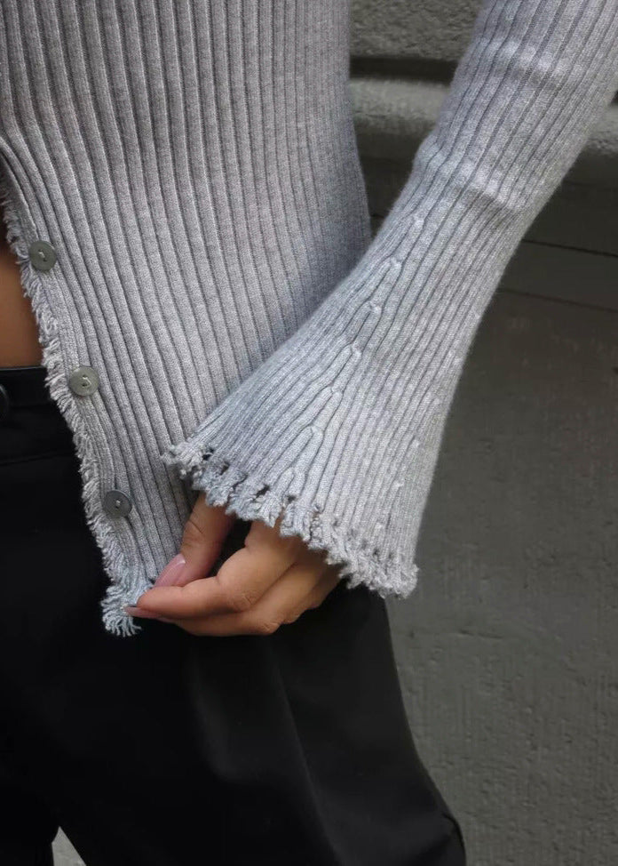 Frayed Ribbed Knit Button-up Cardigan