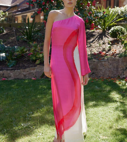 ' Fashionable and Contrasting Printed Single Sleeve Slit Long Skirt