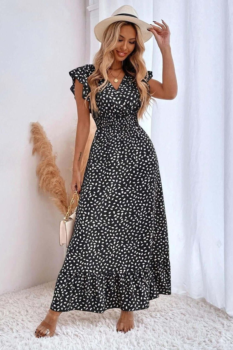V-neck Ruffle Sleeve High Waist Dress
