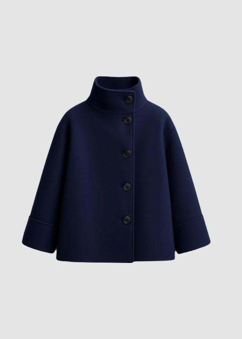 Aurora High Neck Wool Blend Jacket – Navy Blue Minimalist Coat