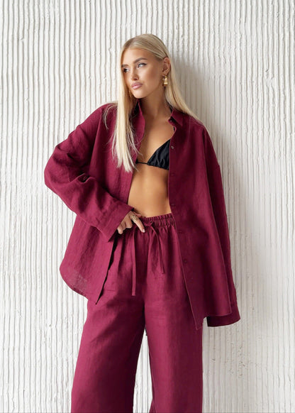 Merlot – Relaxed Cotton Shirt & Wide-leg Pants Set