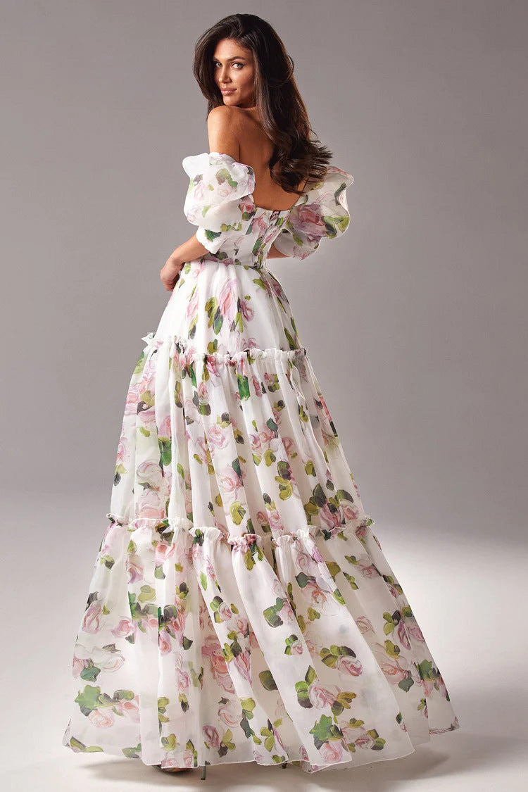 Print Off Shoulder Puff Sleeve Organza Maxi Dress
