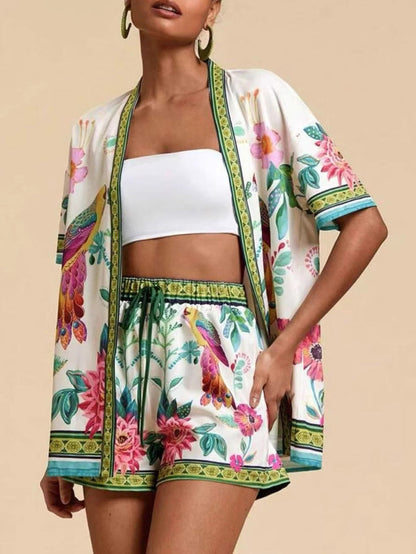 Fresh Print Cardigan Short Sleeve Two-piece Set