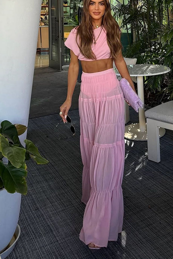 Chiffon Elastic Waist Layered A-line Maxi Skirt