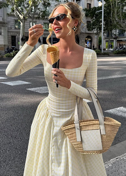 Pink Gingham Long Sleeve Midi Dress – Square Neck Fit and Flare