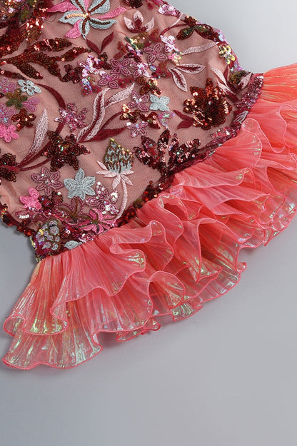 Tovitk Pink Strapless Mesh Sequin Mini Dress