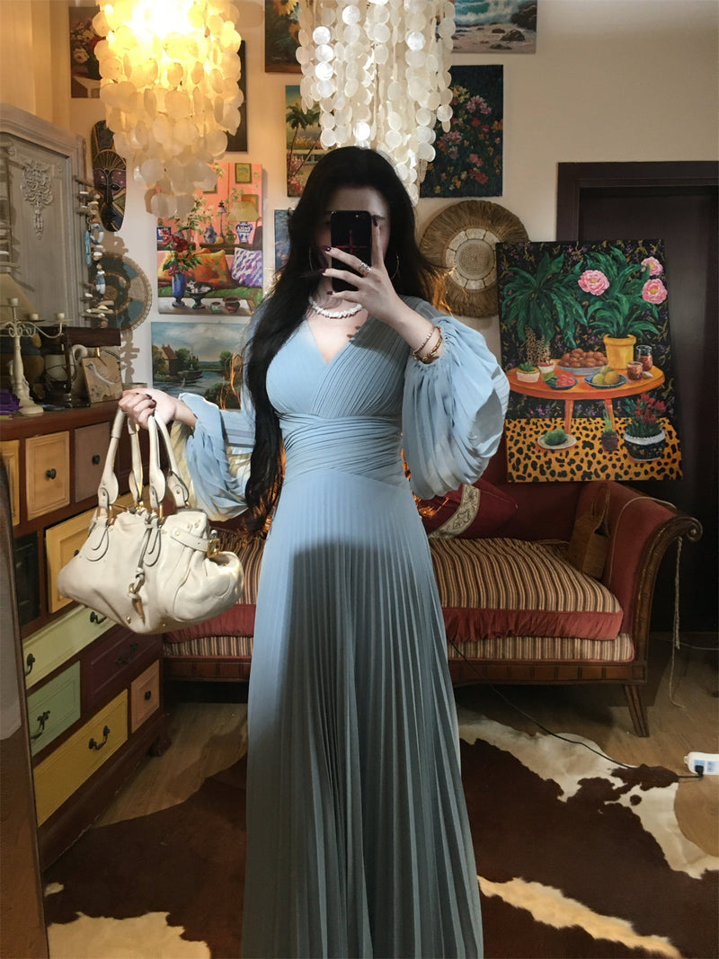 Misty Blue Pleated Panel Maxi Dress _ Flowy Slimming Gown Gunne Sax Dress