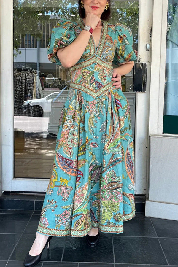 Vacation Linen Blend Unique Print Button Puff Sleeve Pocket Maxi Dress