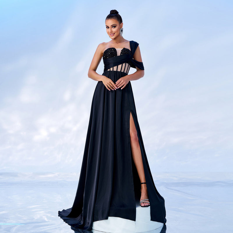 One-shoulder Sequin Slit Maxi Dress _ Party Dress
