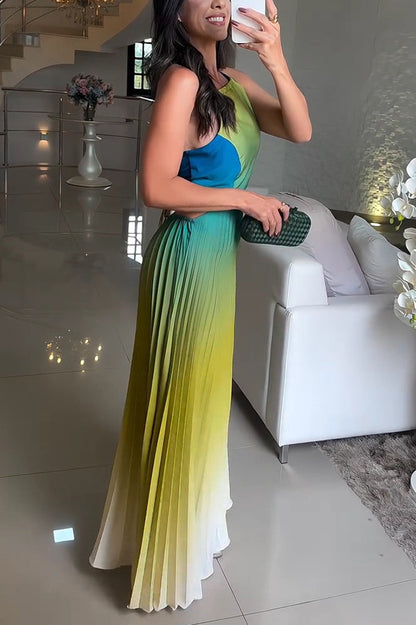 Fashionable Backless Tie Gradient Pleated Maxi Dress