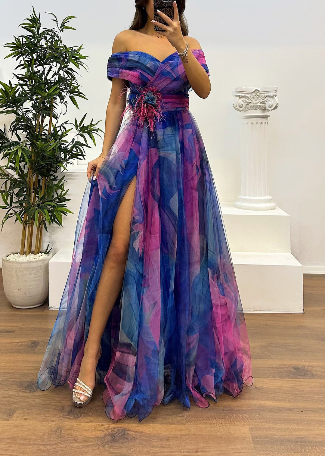 Fairy Flower Feather Pendant Fallen Fold Off Shoulder Party Split Design Long Dress