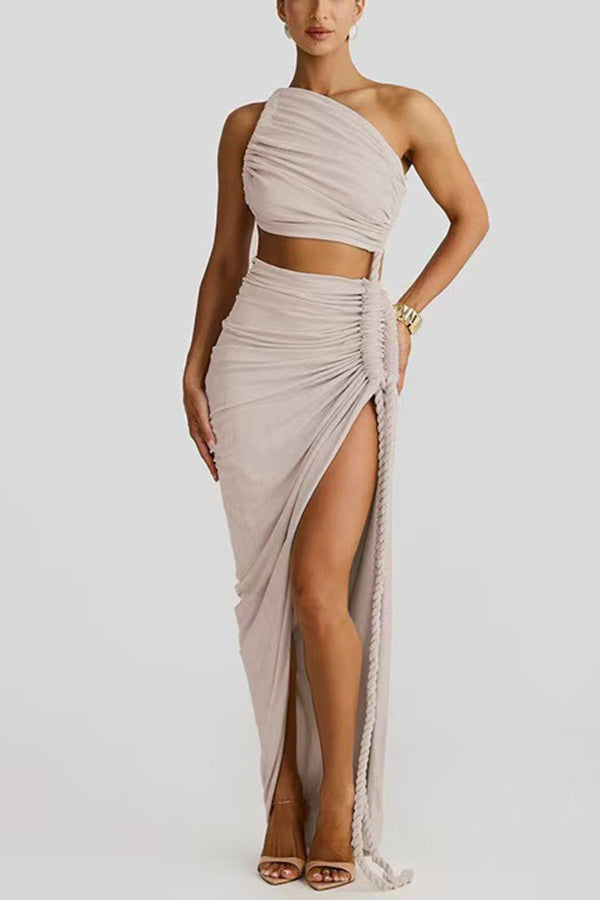 Juliana Rope Detail Ruched One Shoulder Cutout Stretch Maxi Dress