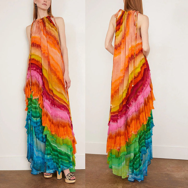Rosha Georgette Crepe Tie-dye Print Layered Ruffles A-line Maxi Dress