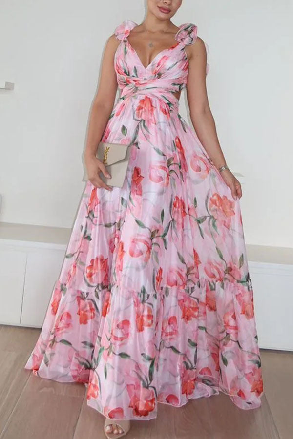 Whimsy Grace Tulle Ruffle Detail Back Lace-up Pleated Maxi Dress