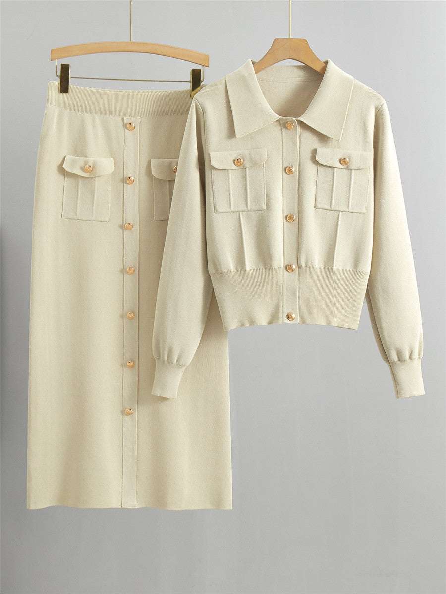 Knitted Slim-fit Two Piece Set - Apricot