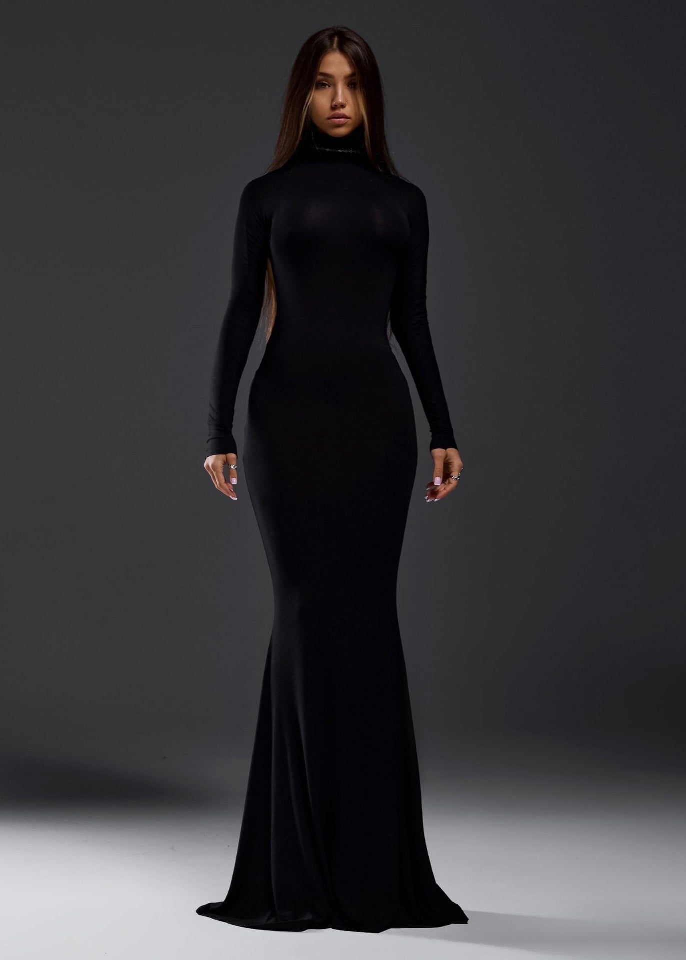 Noir Eclipse - Backless Turtleneck Maxi Dress
