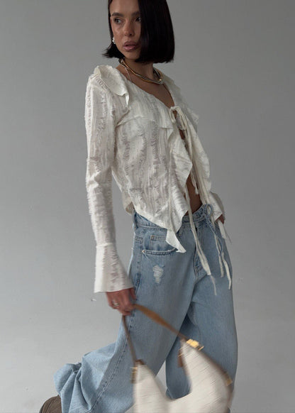 Sheer Ruffle-trim Tie-front Blouse