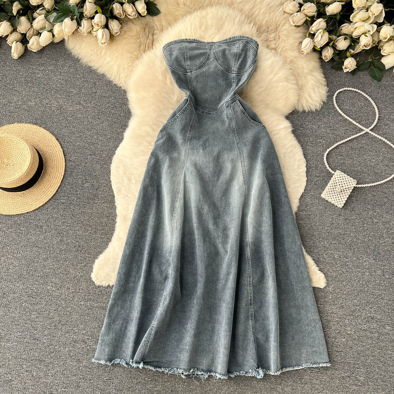 Hot Girl Retro Denim Skirt A-line Long Dress P125