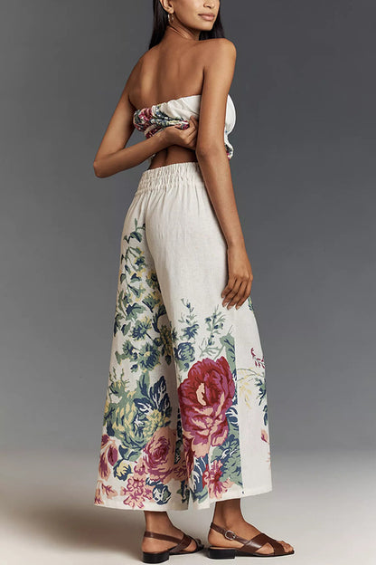 In to the Summer Linen Blend Print Elastic Bandeau and Elastic Waist Pocket Loose Pants Set
