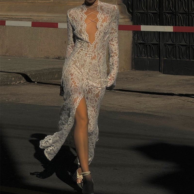 Garcelle Lace Lace-up Long Bell Sleeve Slit Midi Dress