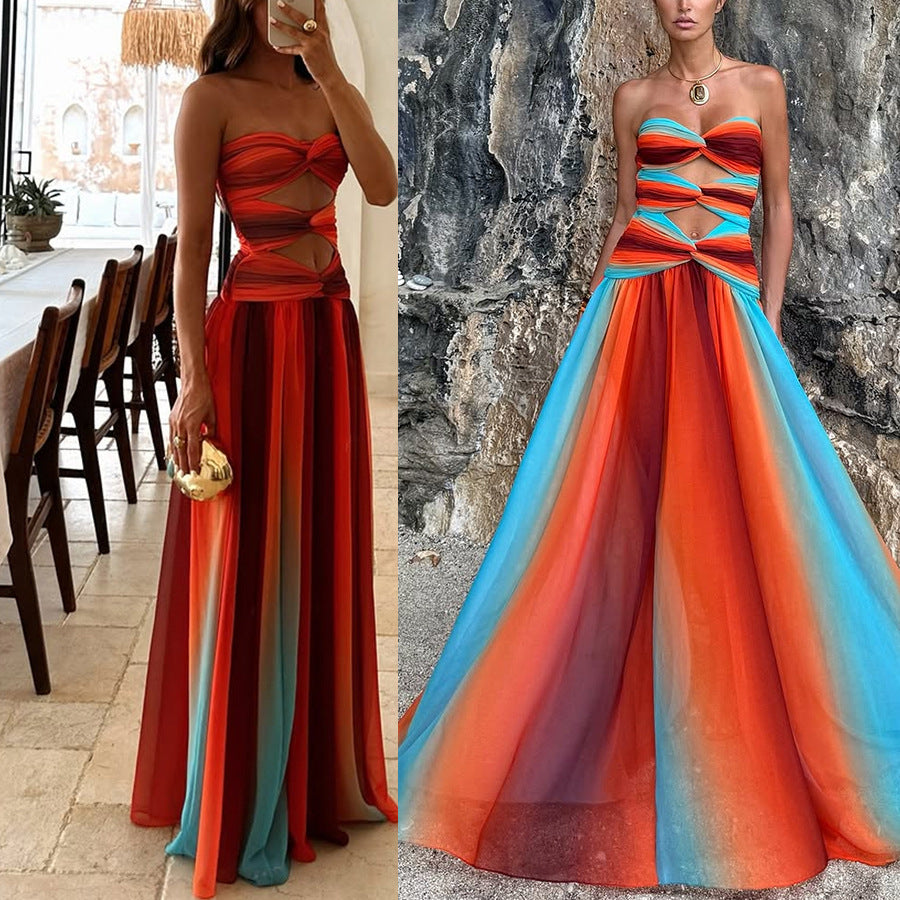 ' Sunset Strapless Tassel Printed Twisted Hollow Off Shoulder Vacation Long Dress