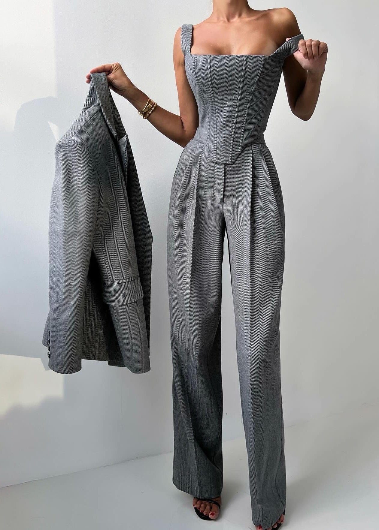 Charcoal Gray Corset Jumpsuit With Matching Blazer