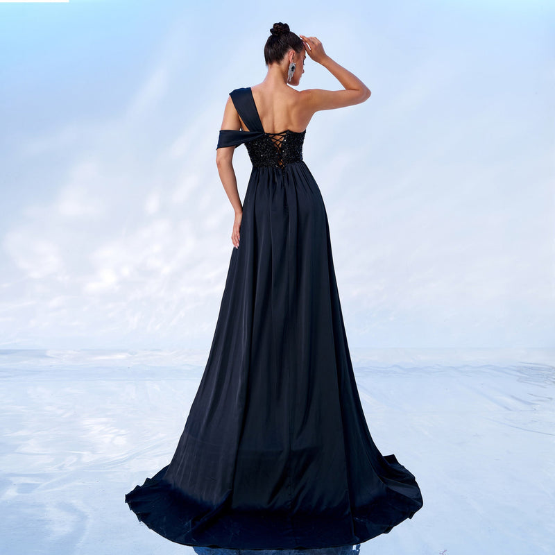 One-shoulder Sequin Slit Maxi Dress _ Party Dress