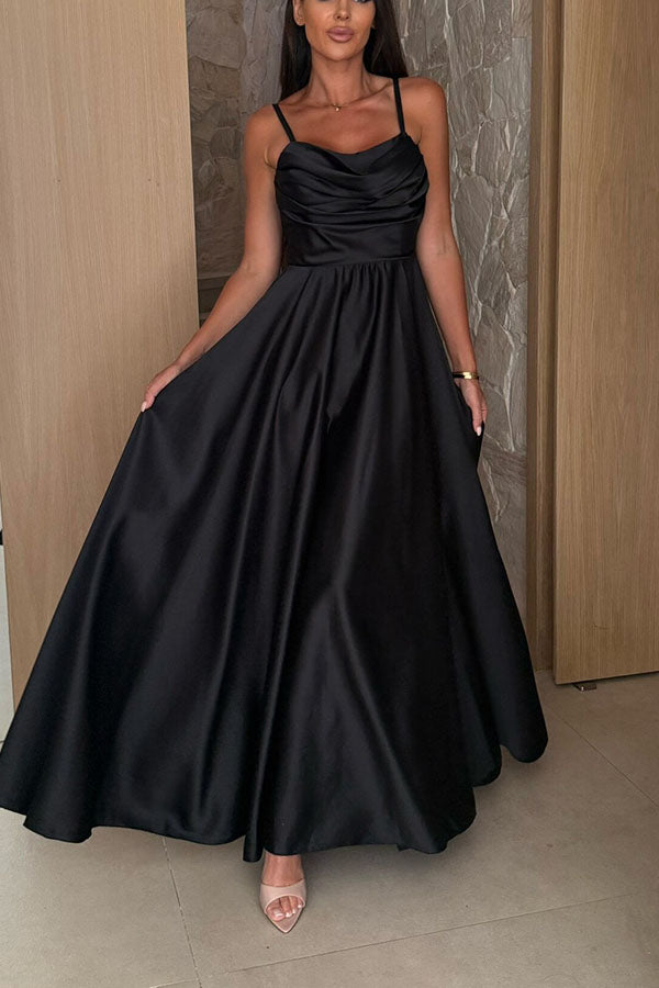 Color Suspender Back Pleated Slit Full Hem Maxi Dress