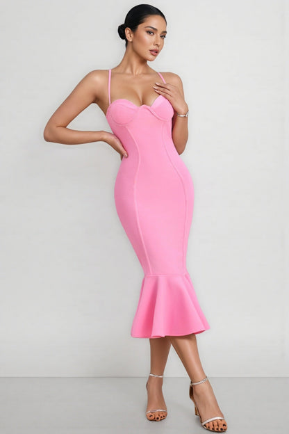 Viviana Pink Strappy Fishtail Bandage Midi Dress