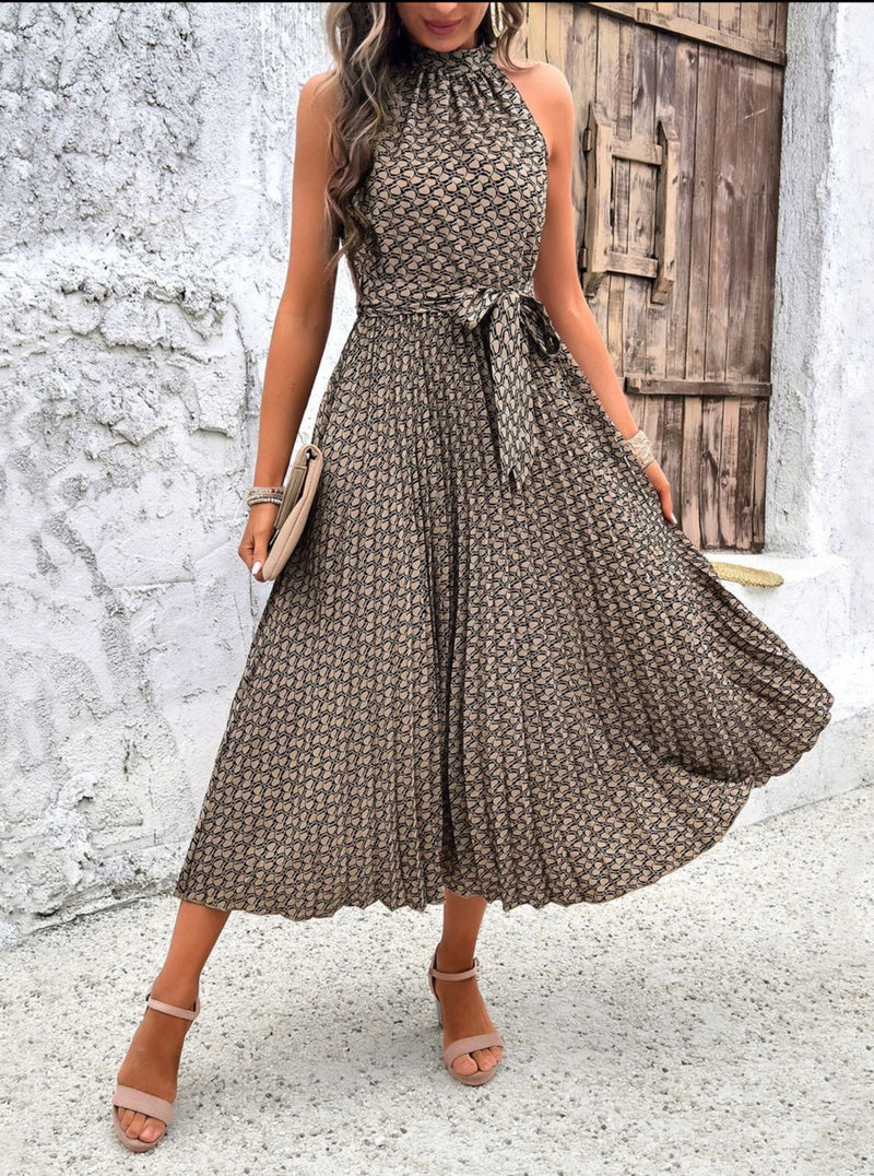 Patterned Sleeveless Halterneck Midi Dress With Waist Tie