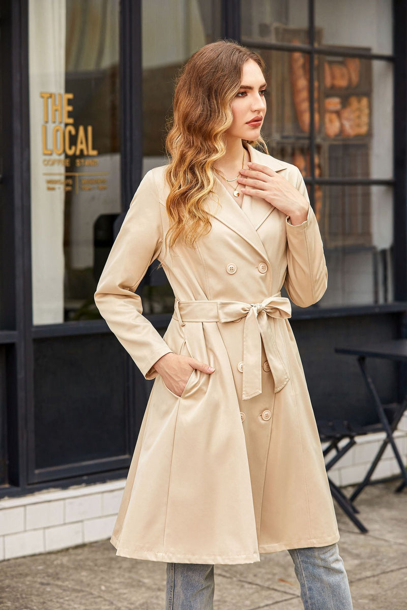 Slim Tie Waist Mid-length Pocket Trench Coat