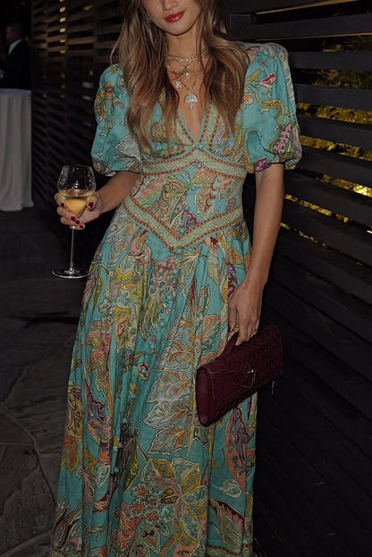 Vacation Linen Blend Unique Print Button Puff Sleeve Pocket Maxi Dress