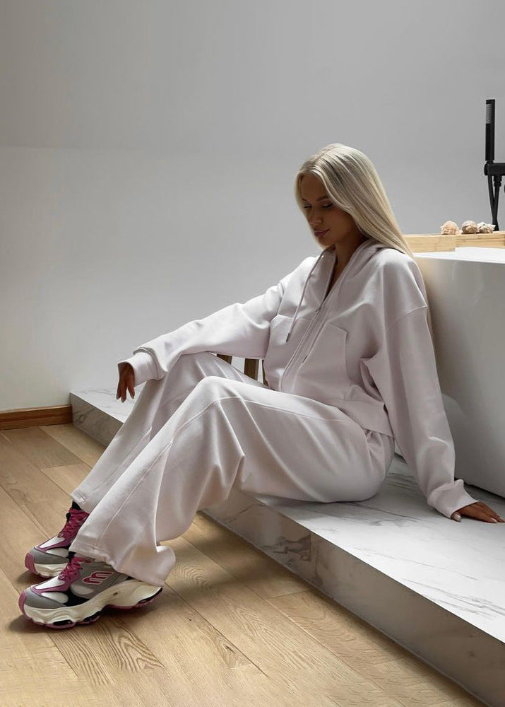 Soft Beige Zip Hoodie and Wide-leg Pants Set – ’s Relaxed Fit Tracksuit