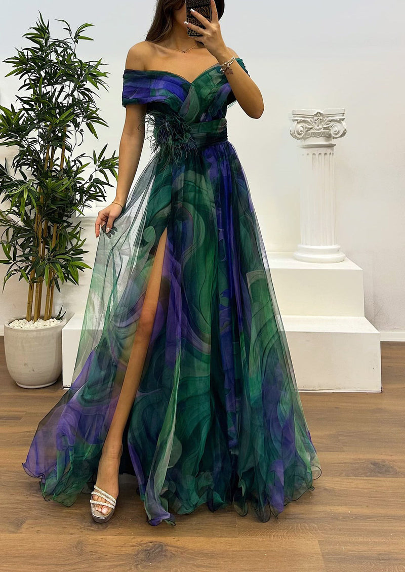 Fairy Flower Feather Pendant Fallen Fold Off Shoulder Party Split Design Long Dress