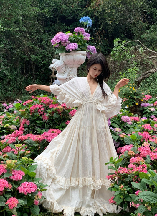 Tailande Linen Maxi Dress _ V-neck Ruffle Goddess Gown With 10-meter Full Hem