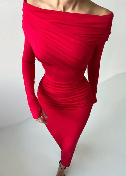 Crimson Grace - Off-shoulder Ruched Maxi Dress