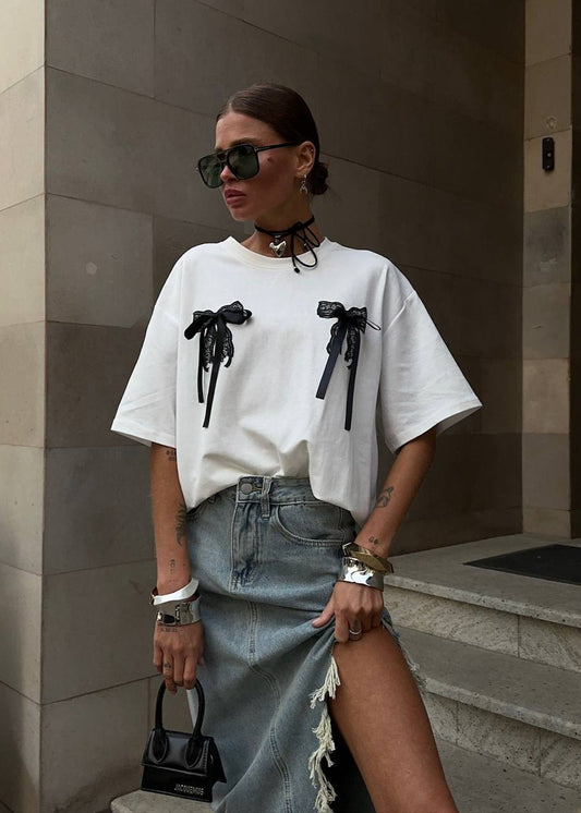 Lace Bow Embellished Oversized T-shirt