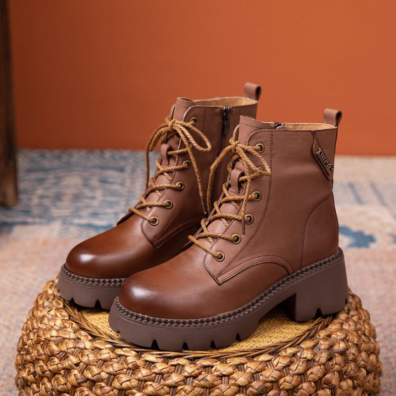 Cowhide Autumn Flat Ankle Retro Round Toe Martin Boots